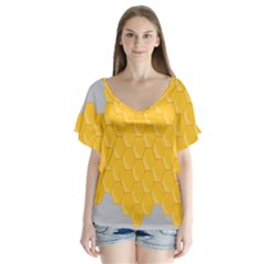 Hexagons Yellow Honeycomb Hive Bee Hive Pattern V-neck Flutter Sleeve Top by artworkshop