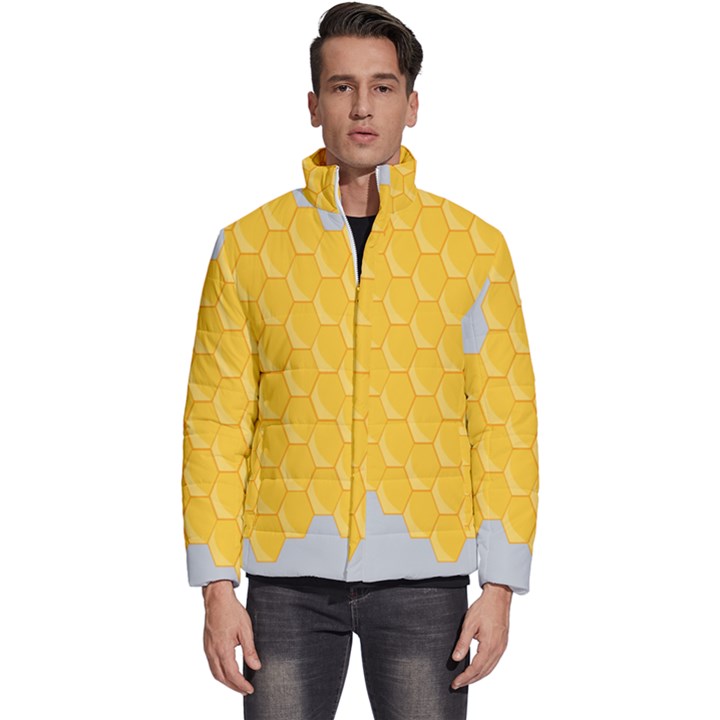 Hexagons Yellow Honeycomb Hive Bee Hive Pattern Men s Puffer Bubble Jacket Coat