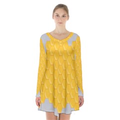 Hexagons Yellow Honeycomb Hive Bee Hive Pattern Long Sleeve Velvet V-neck Dress by artworkshop