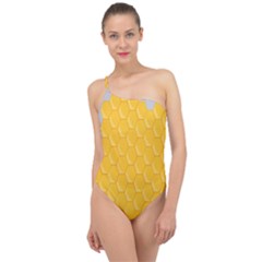 Hexagons Yellow Honeycomb Hive Bee Hive Pattern Classic One Shoulder Swimsuit by artworkshop