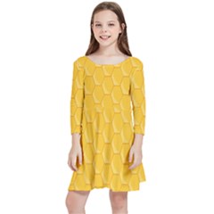 Hexagons Yellow Honeycomb Hive Bee Hive Pattern Kids  Quarter Sleeve Skater Dress