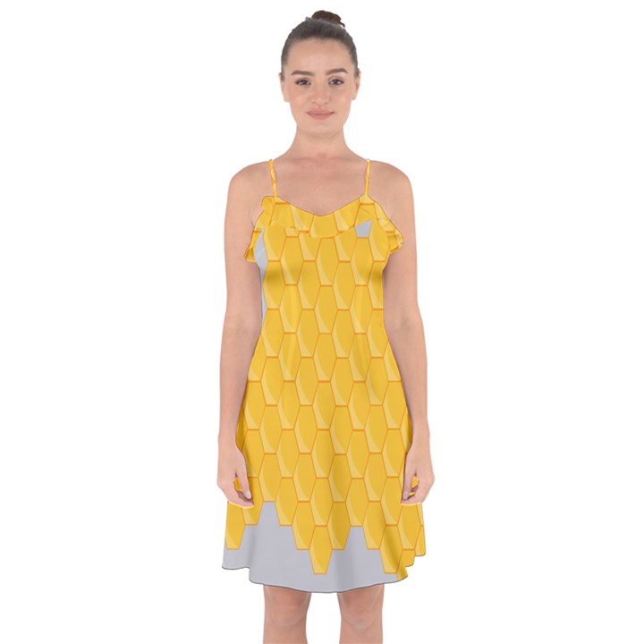 Hexagons Yellow Honeycomb Hive Bee Hive Pattern Ruffle Detail Chiffon Dress