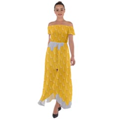 Hexagons Yellow Honeycomb Hive Bee Hive Pattern Off Shoulder Open Front Chiffon Dress by artworkshop