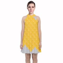 Hexagons Yellow Honeycomb Hive Bee Hive Pattern Velvet Halter Neckline Dress  by artworkshop