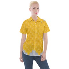 Hexagons Yellow Honeycomb Hive Bee Hive Pattern Women s Short Sleeve Pocket Shirt