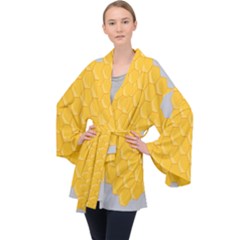 Hexagons Yellow Honeycomb Hive Bee Hive Pattern Long Sleeve Velvet Kimono  by artworkshop