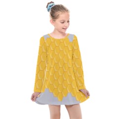 Hexagons Yellow Honeycomb Hive Bee Hive Pattern Kids  Long Sleeve Dress by artworkshop