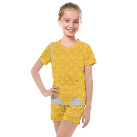 Hexagons Yellow Honeycomb Hive Bee Hive Pattern Kids  Mesh Tee And Shorts Set by artworkshop