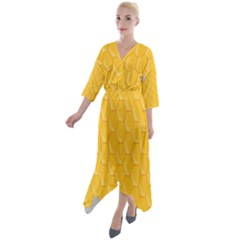 Hexagons Yellow Honeycomb Hive Bee Hive Pattern Quarter Sleeve Wrap Front Maxi Dress by artworkshop