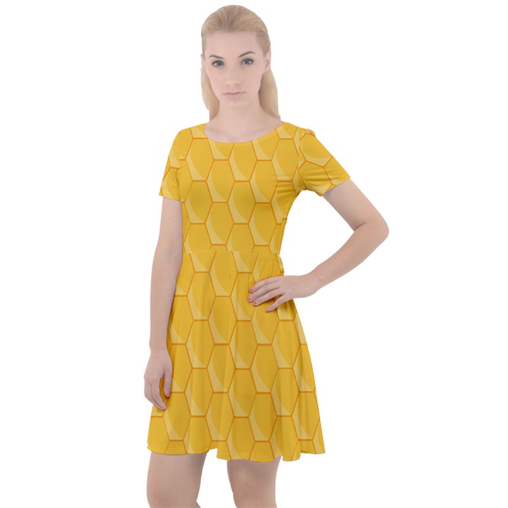 Hexagons Yellow Honeycomb Hive Bee Hive Pattern Cap Sleeve Velour Dress 