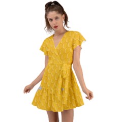 Hexagons Yellow Honeycomb Hive Bee Hive Pattern Flutter Sleeve Wrap Dress by artworkshop