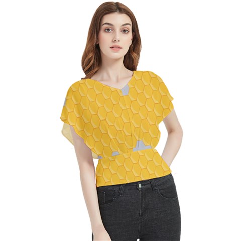 Hexagons Yellow Honeycomb Hive Bee Hive Pattern Butterfly Chiffon Blouse by artworkshop