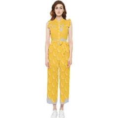 Hexagons Yellow Honeycomb Hive Bee Hive Pattern Women s Frill Top Chiffon Jumpsuit by artworkshop