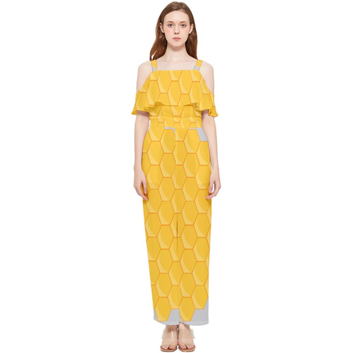 Hexagons Yellow Honeycomb Hive Bee Hive Pattern Draped Sleeveless Chiffon Jumpsuit