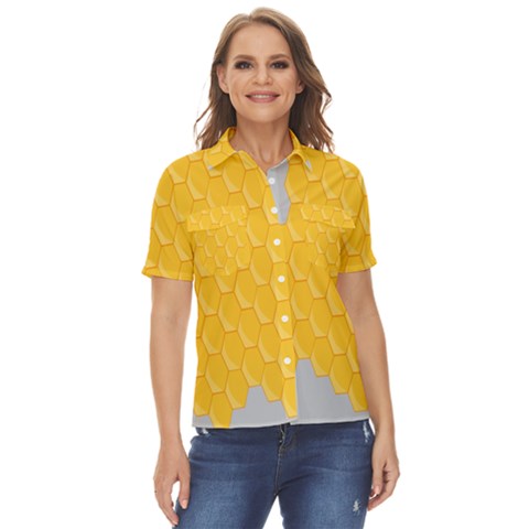 Hexagons Yellow Honeycomb Hive Bee Hive Pattern Women s Short Sleeve Double Pocket Shirt by artworkshop