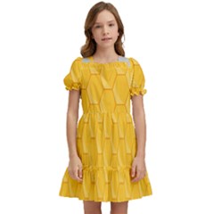 Hexagons Yellow Honeycomb Hive Bee Hive Pattern Kids  Puff Sleeved Dress by artworkshop