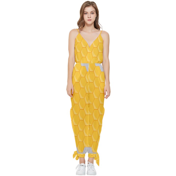 Hexagons Yellow Honeycomb Hive Bee Hive Pattern Sleeveless Tie Ankle Chiffon Jumpsuit