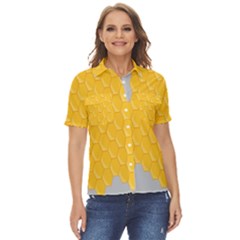 Hexagons Yellow Honeycomb Hive Bee Hive Pattern Women s Short Sleeve Double Pocket Shirt