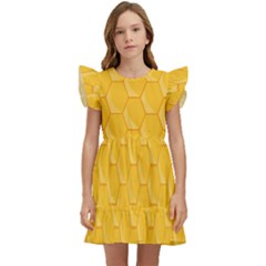 Hexagons Yellow Honeycomb Hive Bee Hive Pattern Kids  Winged Sleeve Dress by artworkshop