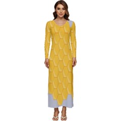 Hexagons Yellow Honeycomb Hive Bee Hive Pattern Long Sleeve Velour Longline Maxi Dress by artworkshop