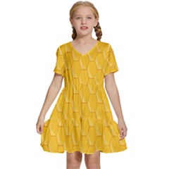 Hexagons Yellow Honeycomb Hive Bee Hive Pattern Kids  Short Sleeve Tiered Mini Dress