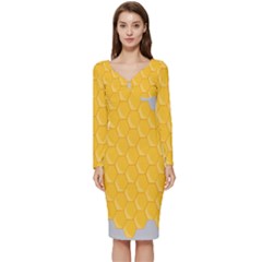 Hexagons Yellow Honeycomb Hive Bee Hive Pattern Long Sleeve V-neck Bodycon Dress 