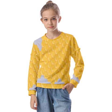 Hexagons Yellow Honeycomb Hive Bee Hive Pattern Kids  Long Sleeve Tee With Frill  by artworkshop