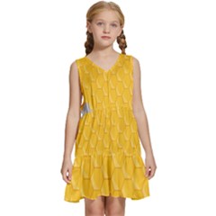 Hexagons Yellow Honeycomb Hive Bee Hive Pattern Kids  Sleeveless Tiered Mini Dress