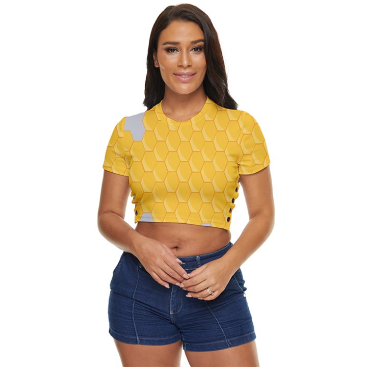 Hexagons Yellow Honeycomb Hive Bee Hive Pattern Side Button Cropped Tee