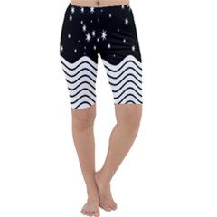 Black And White Waves And Stars Abstract Backdrop Clipart Cropped Leggings  by Amaryn4rt