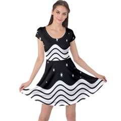 Black And White Waves And Stars Abstract Backdrop Clipart Cap Sleeve Dress by Amaryn4rt