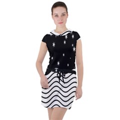 Black And White Waves And Stars Abstract Backdrop Clipart Drawstring Hooded Dress by Amaryn4rt