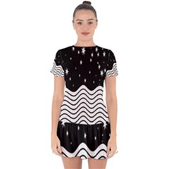 Black And White Waves And Stars Abstract Backdrop Clipart Drop Hem Mini Chiffon Dress by Amaryn4rt