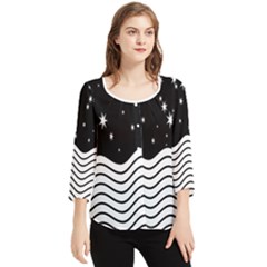 Black And White Waves And Stars Abstract Backdrop Clipart Chiffon Quarter Sleeve Blouse by Amaryn4rt