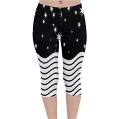 Black And White Waves And Stars Abstract Backdrop Clipart Velvet Capri Leggings  by Amaryn4rt