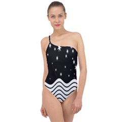 Black And White Waves And Stars Abstract Backdrop Clipart Classic One Shoulder Swimsuit by Amaryn4rt