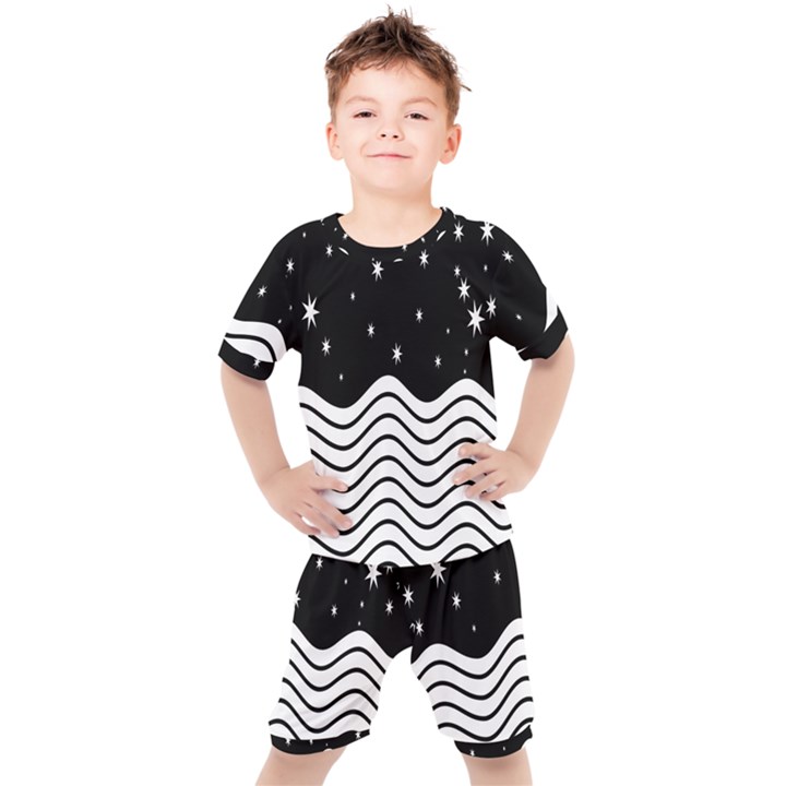 Black And White Waves And Stars Abstract Backdrop Clipart Kids  Tee and Shorts Set