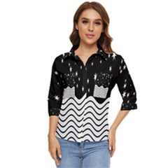 Black And White Waves And Stars Abstract Backdrop Clipart Women s Quarter Sleeve Pocket Shirt