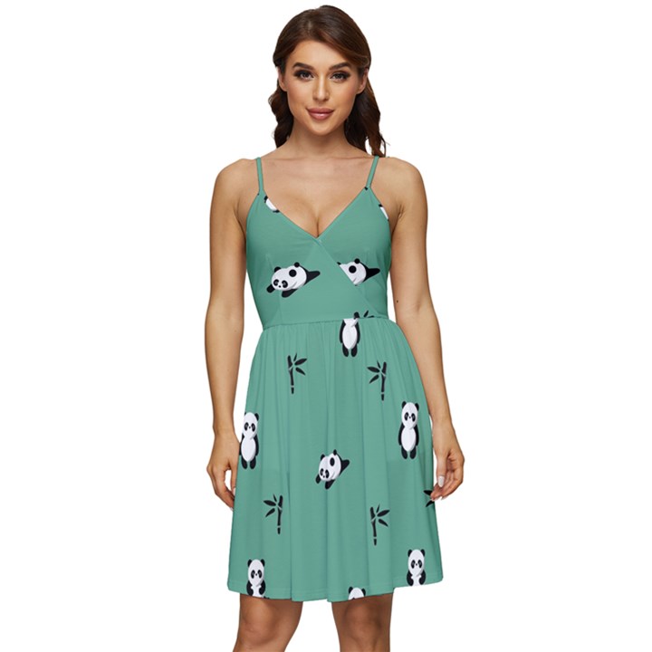 Pandas Pattern V-Neck Pocket Summer Dress 