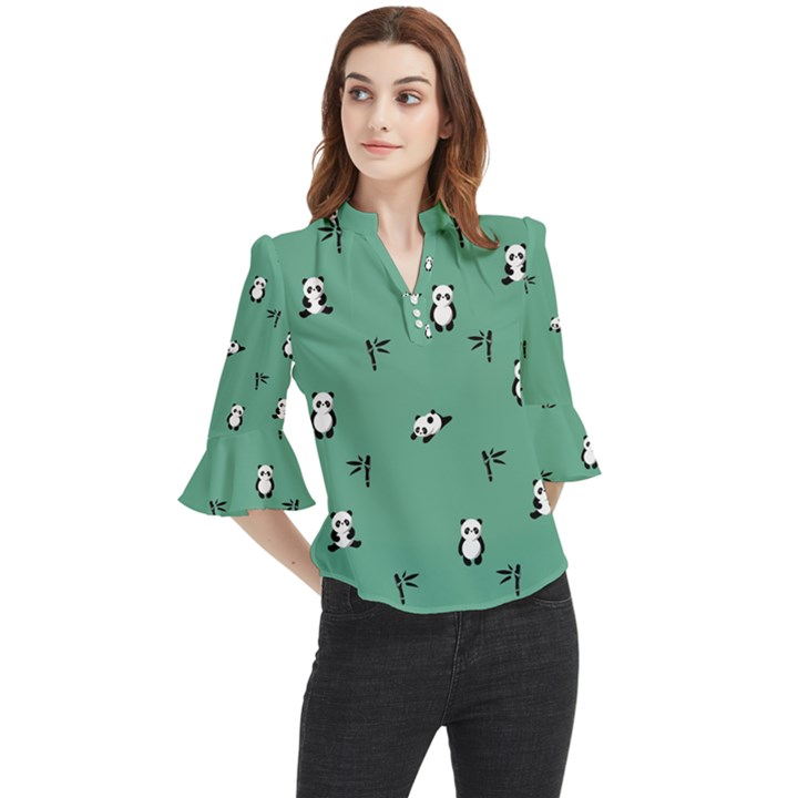 Pandas Pattern Loose Horn Sleeve Chiffon Blouse