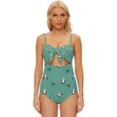 Pandas Pattern Knot Front One-piece Swimsuit