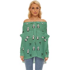 Pandas Pattern Off Shoulder Chiffon Pocket Shirt