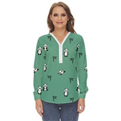 Pandas Pattern Zip Up Long Sleeve Blouse