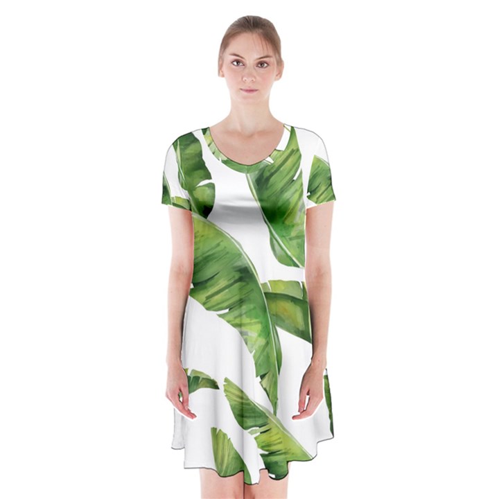 Sheets Tropical Plant Palm Summer Exotic Short Sleeve V-neck Flare Dress