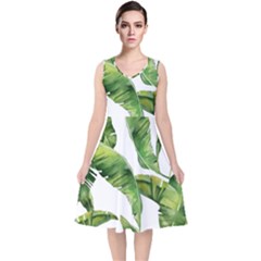 Sheets Tropical Plant Palm Summer Exotic V-neck Midi Sleeveless Dress  by artworkshop