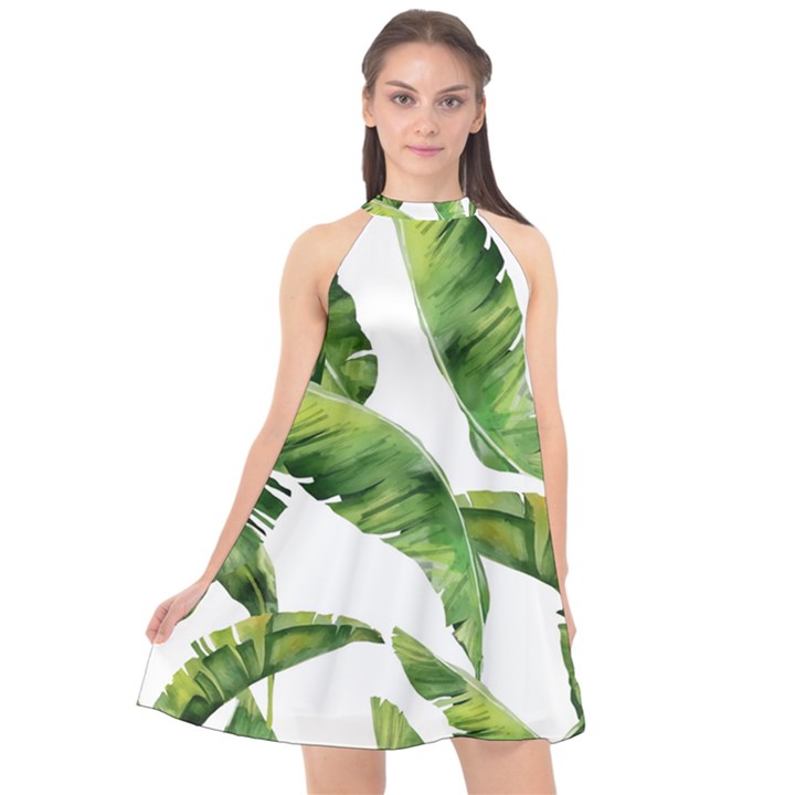 Sheets Tropical Plant Palm Summer Exotic Halter Neckline Chiffon Dress 