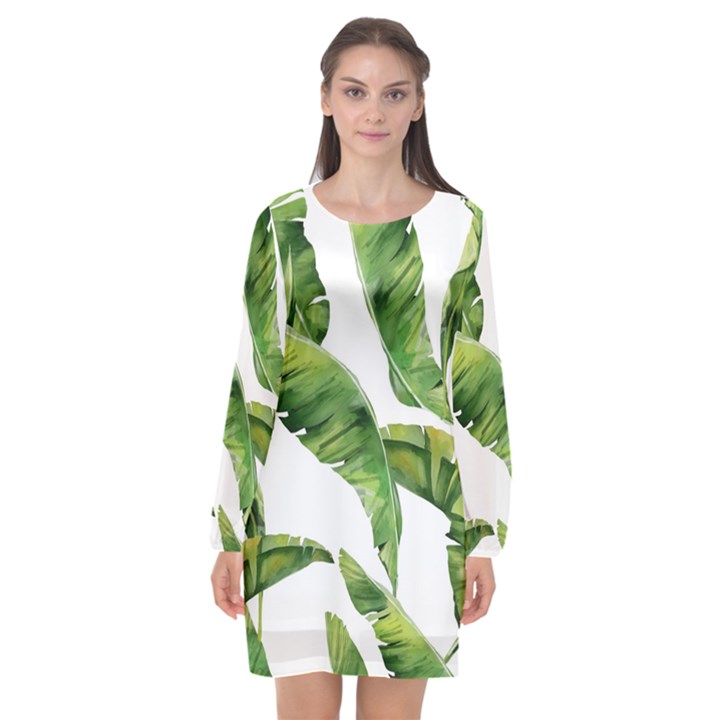 Sheets Tropical Plant Palm Summer Exotic Long Sleeve Chiffon Shift Dress 