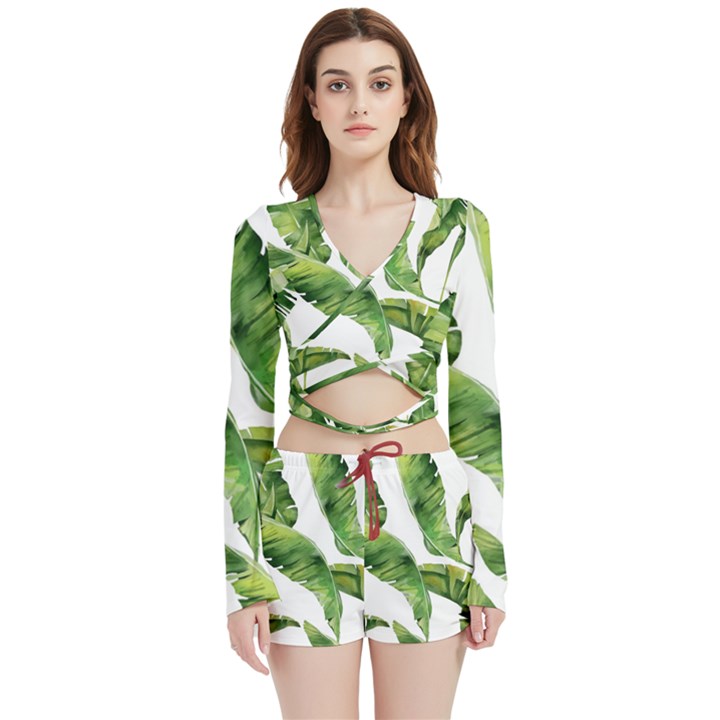 Sheets Tropical Plant Palm Summer Exotic Velvet Wrap Crop Top and Shorts Set