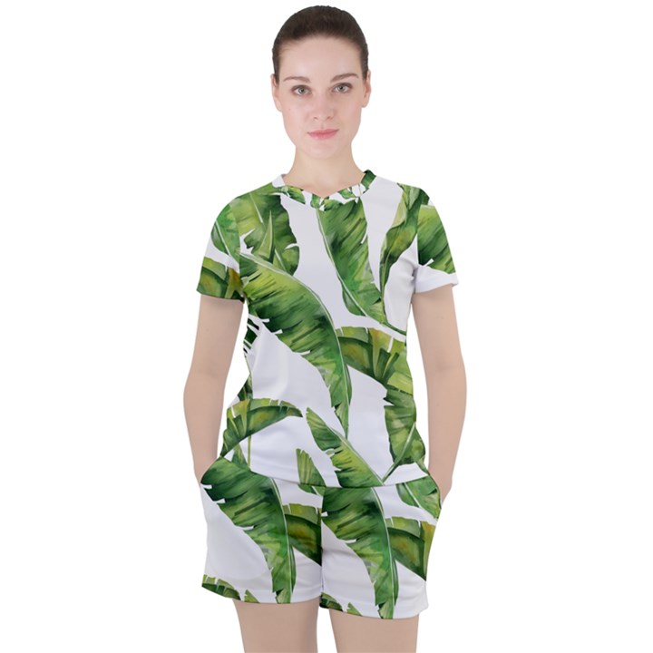 Sheets Tropical Plant Palm Summer Exotic Women s Tee and Shorts Set