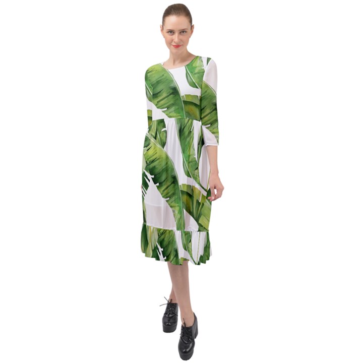 Sheets Tropical Plant Palm Summer Exotic Ruffle End Midi Chiffon Dress